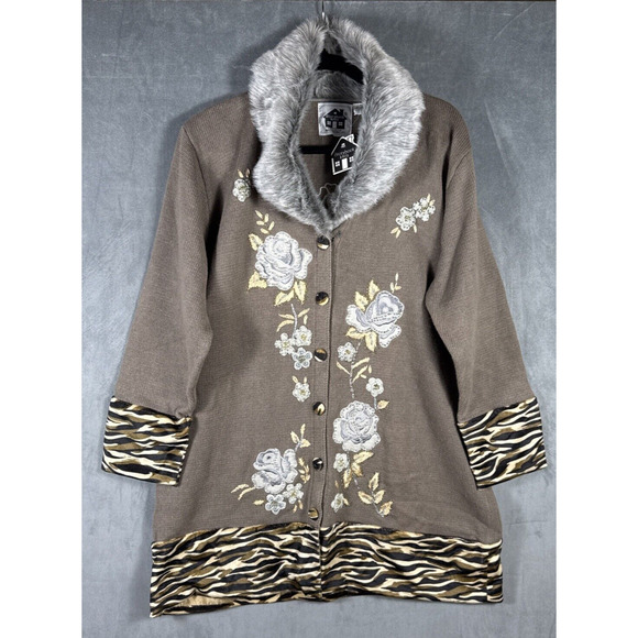 Storybook Knits‎ Women's Sweater Coat Fur Trim Tiger Print Sz 1X Roses Brown - Picture 1 of 9